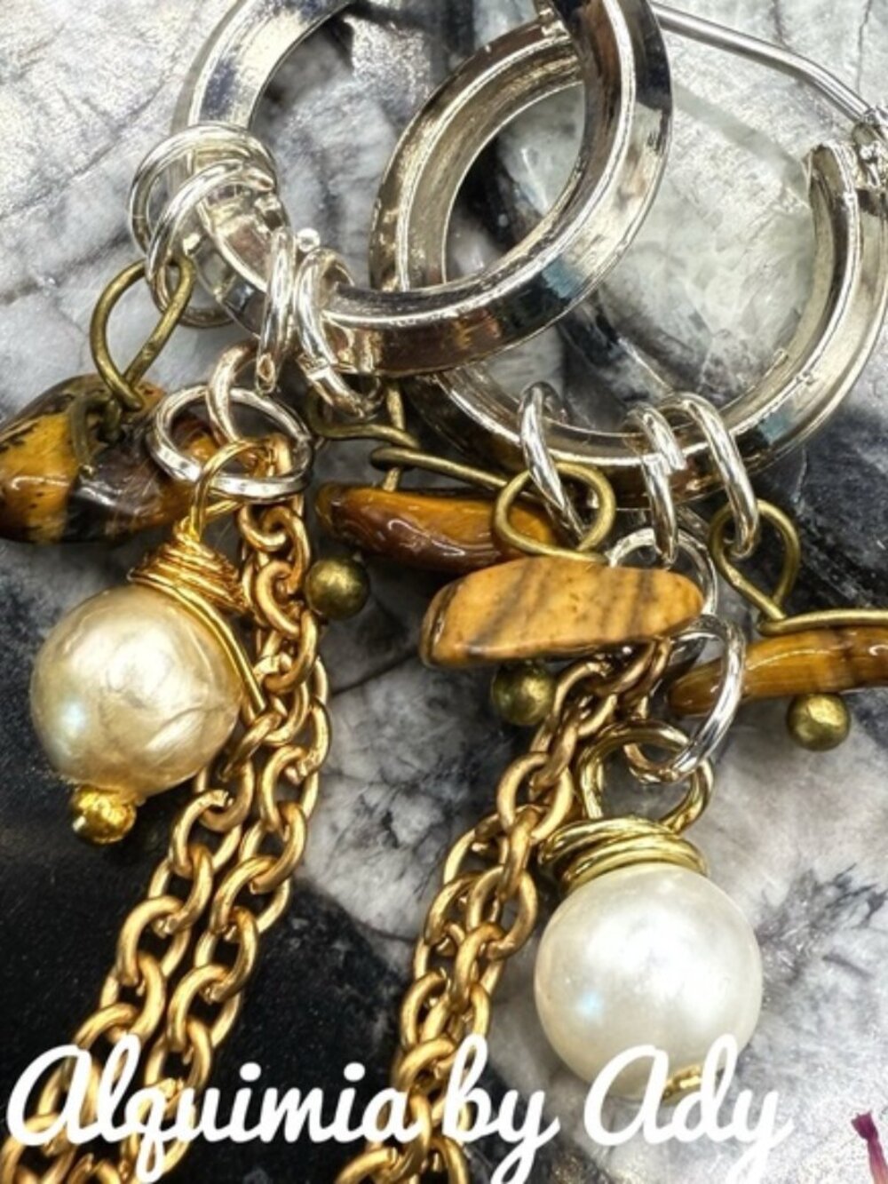Tiger's eye and baroque pearl Statement chain fringe earrings